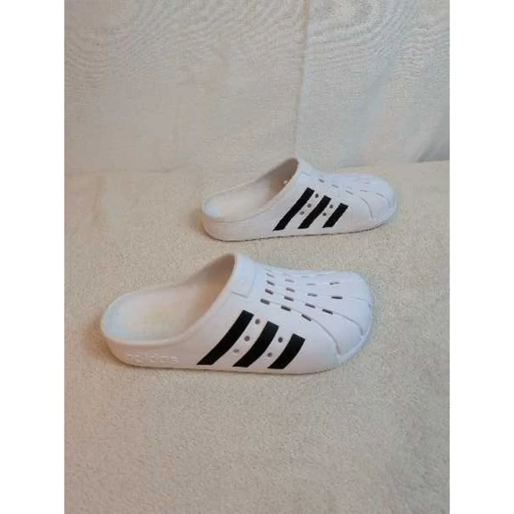 Adidas Adilette Aqua Slides White Black 3 Stripe Athleisure Clogs Mules Mens 8